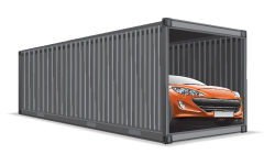 a cartoon graphic of an 8x20 container with an orange car inside it